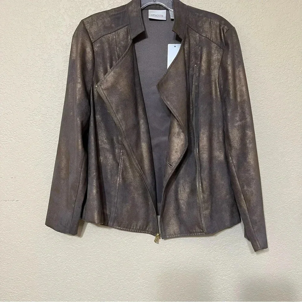 Chico’s Faux Suede Moto Jacket Bronze Metallic Open Front - Picture 9 of 10